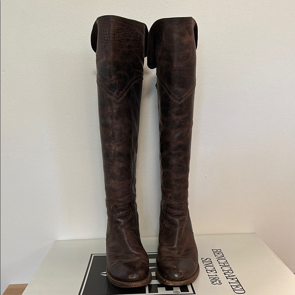 Frye Jane Tall Cuff Dark Brown Leather Knee-High Boots Western - Picture 2 of 7